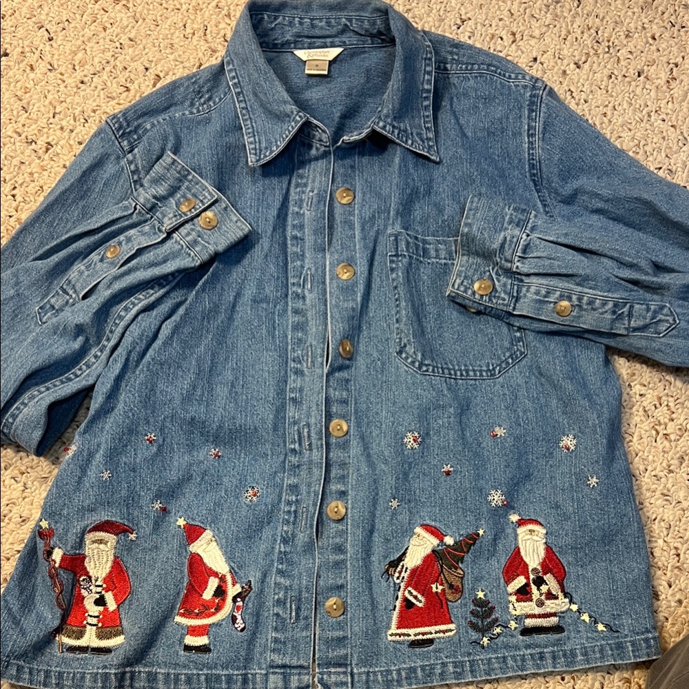 *VINTAGE CHRISTMAS* Blue Denim Button Down Shirt with Santa Embroidery